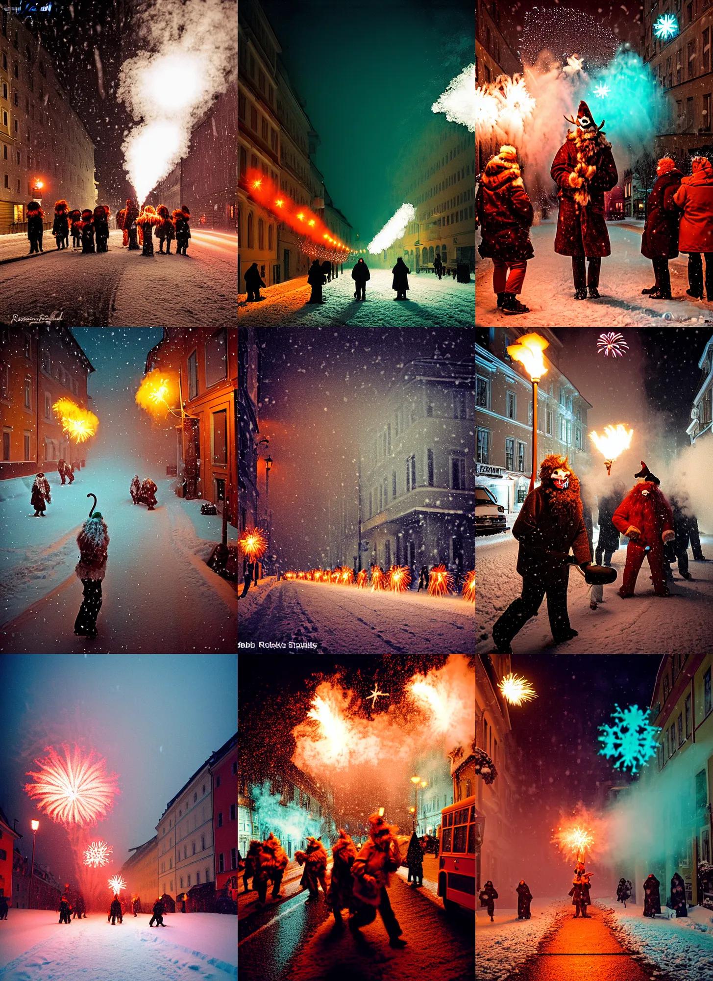 Image similar to kodak portra 4 0 0, winter, snowflakes, snowstorm, award winning dynamic photograph of a bunch of hazardous krampus by robert capas, in muted colours, striped orange and teal, motion blur, on a street in salzburg at night with colourful pyro fireworks and torches