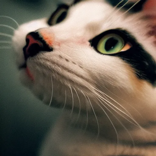 Prompt: photograph of a calico cat looking lovingly at the camera