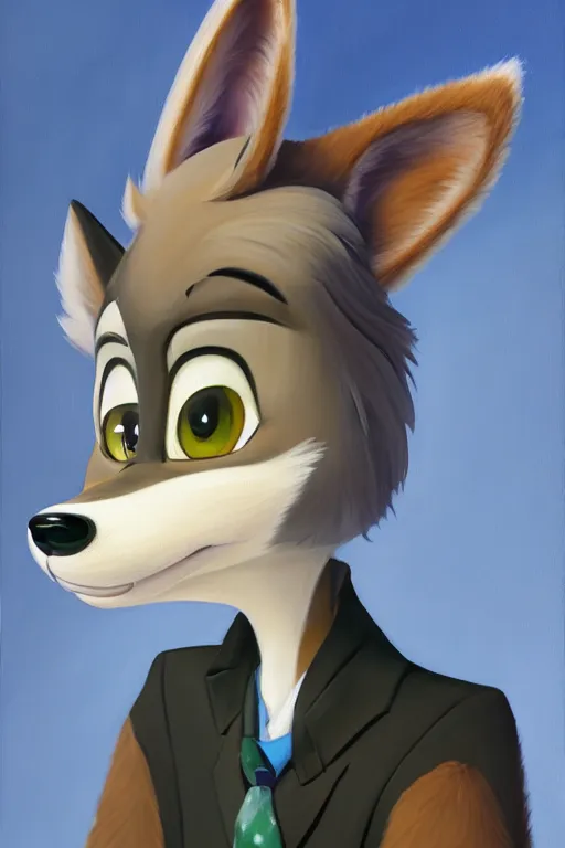 Image similar to oil painting of anthromorphic female wolf, in style of zootopia, female fursona, furry, furaffinity, 4 k, deviantart, furry art, fursona art, wearing black business suit, business suit, wolf fursona, female, smug expression,