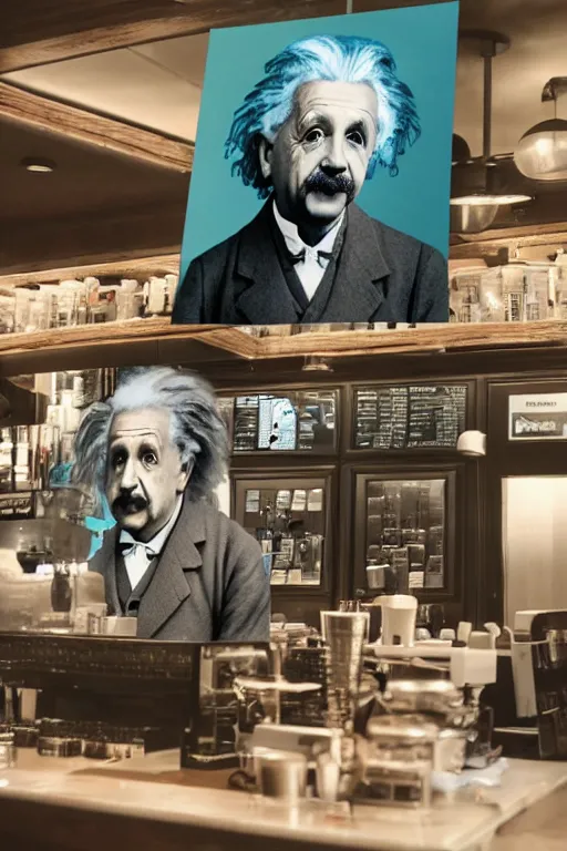 Prompt: intricate color photo of albert einstein, working in starbucks serving a customer, 8 k octane beautifully detailed render