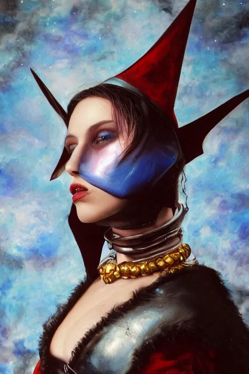 Image similar to hyperrealism oil painting, close - up portrait of european medieval brunette vampire fashion model, knight, steel gradient mixed with nebula sky, in style of baroque