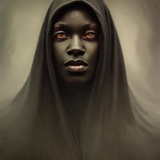 Image similar to a portrait of a young black woman wearing a long dark cloak, hood and shadows covering face, anatomically correct, beautiful perfect face, enigmatic, oil painting, matte painting, black background, Volumetric dynamic lighting, Highly Detailed, Cinematic Lighting, Unreal Engine, 8k, HD, by Beksinski