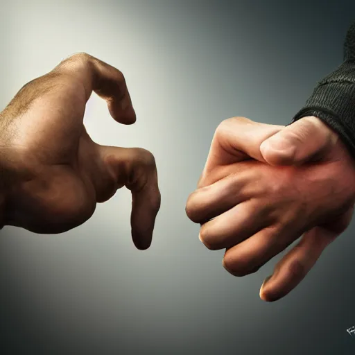 Prompt: Man pitted against his mortal enemy in a thumb war for the fate of reality. Digital art. Masterpiece. Trending on Artstation and CGsociety. World's greatest artistry. HDR. 4k. Amazing incredible awesome awe-struck fantastic intriguing. Creative use of colors. Fantastic lighting.