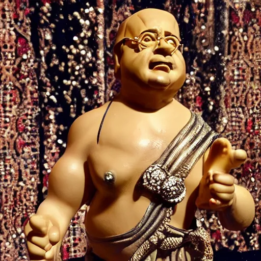 Image similar to an ancient statuette of a dancing danny devito, beautiful, priceless, hd, bejeweled, studio photography