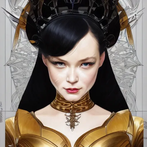 Prompt: hyperdetailed portrait of beautiful queen amber catsuit armored black maid costime girl. highly detailed portrait, digital painting, artstation, sharp foccus ilustration, artstation hq. intricate, elegant. art by wlop and artgerm and greg rutkowski, alphonse mucha, medium shot. dan mumford, tomokazu matsuyama, takato yamamoto