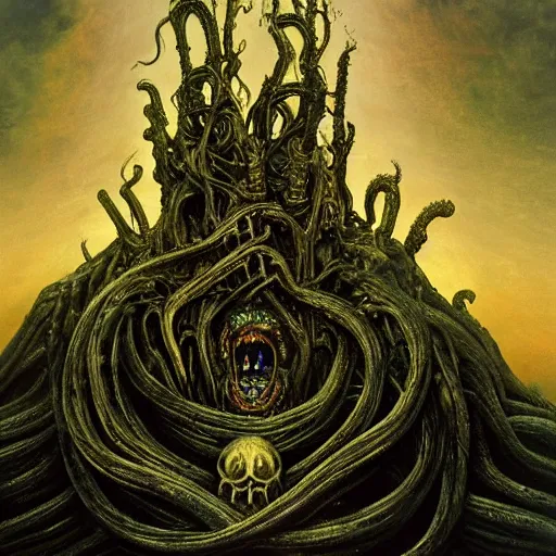 Prompt: monstrous and twisted cathedral with a statue to a many eyed, veiny and four armed cthulhu, slimy tentacles twisting in lotus position. in the style of hr giger and zdzisław beksinski and frank frazetta. golden hour, gloomy. biomechanical oil painting horror gothic hyperrealistic detail