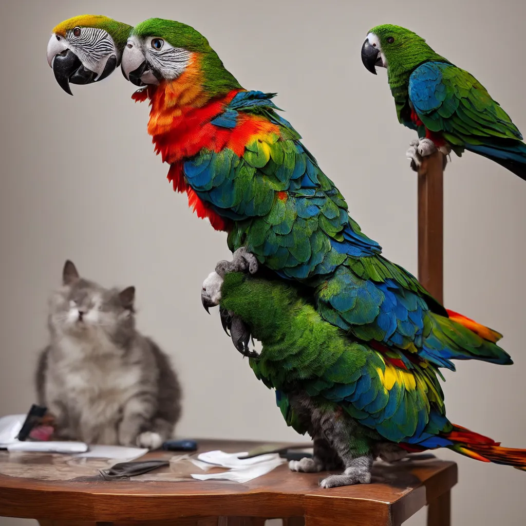 Prompt: a photo of a cat parrot hybrid, sitting on a table, 4k, highly detailed, award winning photo