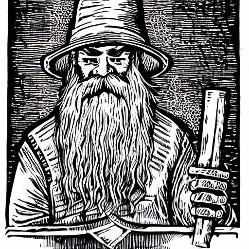 Image similar to wizard with beard, holding a bomb, dnd, high detail, fantasy, in the style of vintage antique illustration and line drawing or engraving, woodcut,