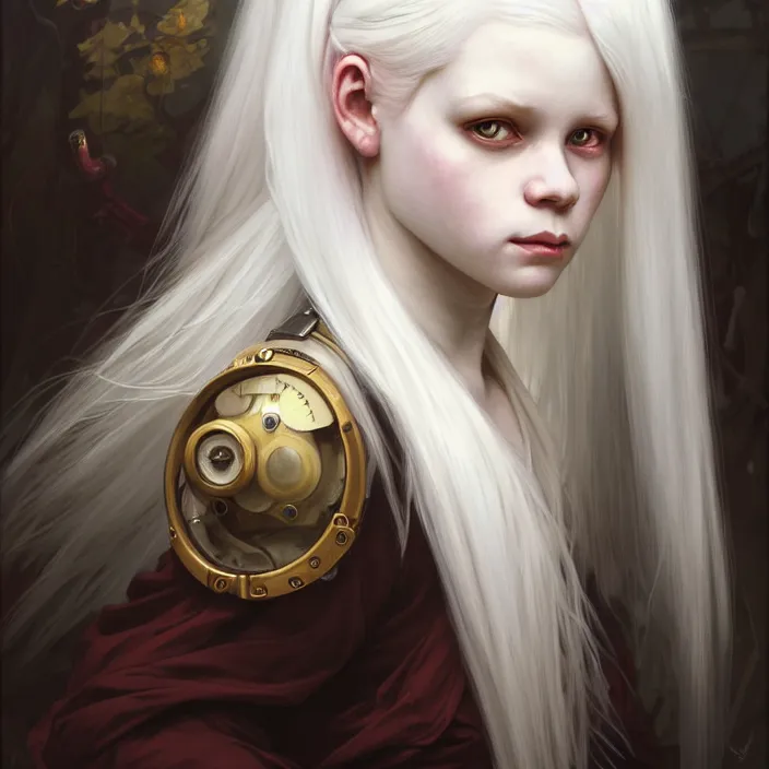 Image similar to excellent painted portrait of a albino girl with white hair, steampunk art, character artwork, 8k resolution artwork, trending on artstation, detailed oil painting portrait, art by artgerm and greg rutkowski and alphonse mucha and craig mullins and James Jean and Andrei Riabovitchev and Marc Simonetti and peter mohrbacher, matte painting