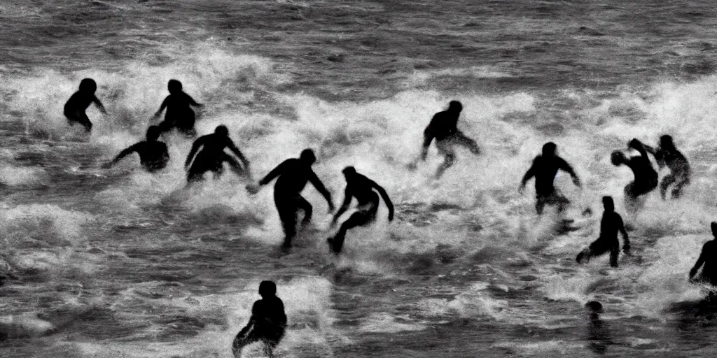 Prompt: multiple persons breaking the rules and breaking the waves, concept art, high contrast, on white, shadows