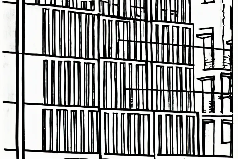 Image similar to a one line drawing of an urban balcony, solid background, black and white