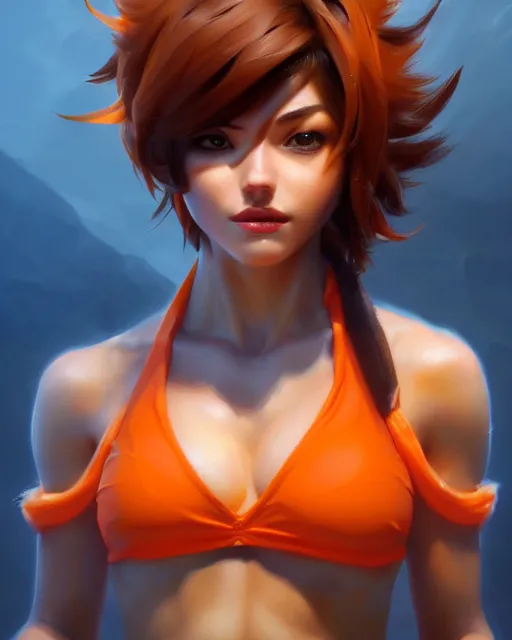 Prompt: play of the game of tracer wearing orange bikini, perfect face, brown hair, abs, cinematic, stunning, cute, adorable, strong, highly detailed, psychedelic, digital painting, artstation, smooth, hard focus, illustration, art by jessica rossier and and brian froud