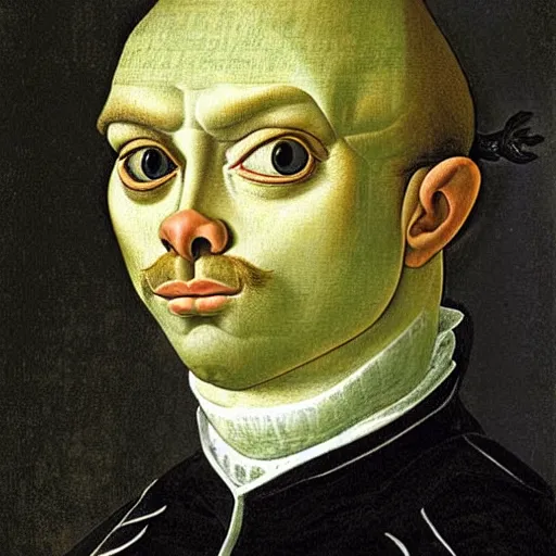 Image similar to pepe the frog as 1 8 th century prussian soldier, elegant portrait by sandro botticelli, detailed, symmetrical, intricate