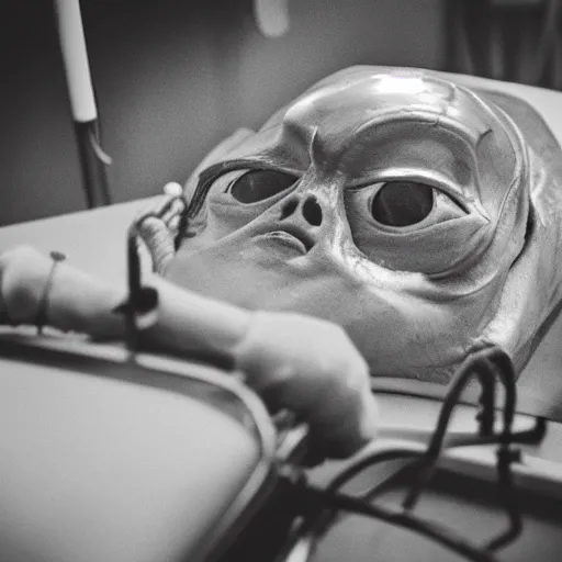 Image similar to an alien autopsy, realistic, vintage, grainy, old style photo, sepia, dark, medical lighting, masked doctors, clear alien face