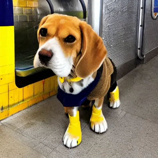 Image similar to bright yellow beagle in a subway