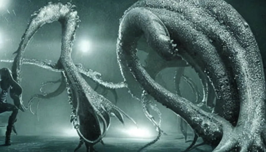 Image similar to Big budget horror movie where a giant squid is injected with radioactive mutation serum