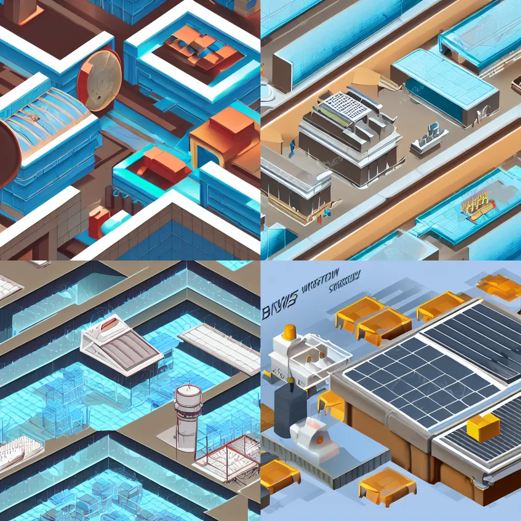 Prompt: isometric concept art of a futuristic factory, browns and whites, style of Satoshi Kon and Mirror\'s Edge, water deposits, conveyer belt, machinery