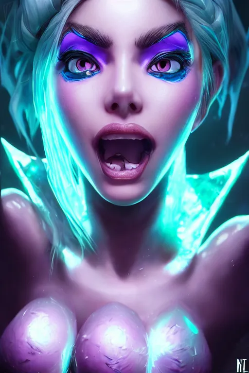 Image similar to ultra realistic facial portrait of jinx from league of legends, digital art, character portrait, highly detailed, trending on artstation, lens flare, atmosphere, hyper realistic, cinematic lightning, sharp focus, unreal engine 5, extreme details perfect face, pretty face, fine - face, illustration, 8 k, ultra texture, masterpiece