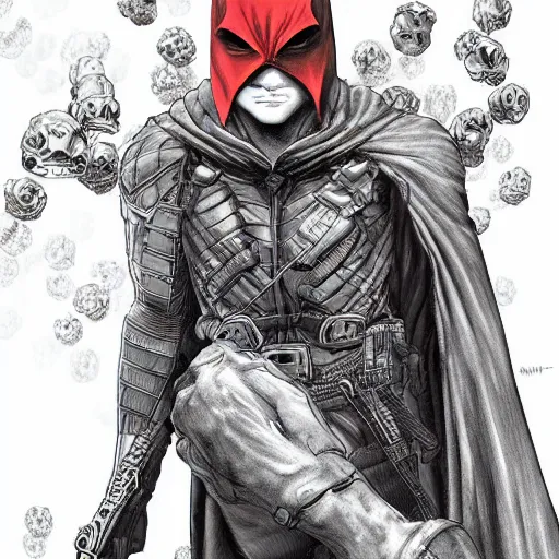 Prompt: a man with a red hood and no eyes, hyper-detailed digital art by kentaro miura