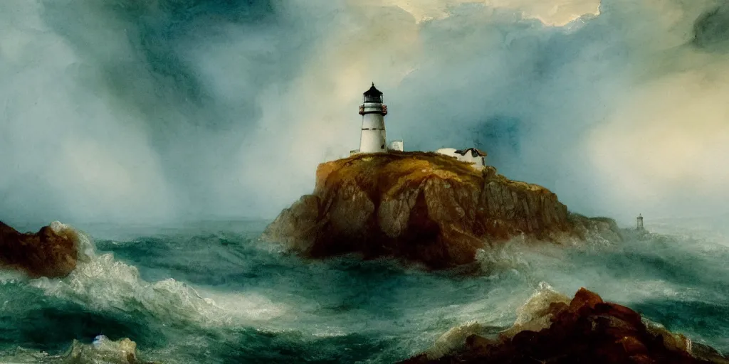 Image similar to a watercolor painting of a single lighthouse in a small rocky island during a violent storm by william turner, high quality, highly detailed, digital painting, masterpiece, turbulent sea, dramatic lighting, cinematic, centered, watercolor, william turner style, 4 k