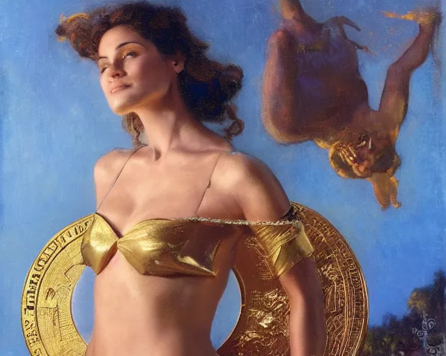 Image similar to attractive woman posing in front of a huge golden bitcoin, commercial by annie liebovitz, gaston bussiere, craig mullins, j. c. leyendecker