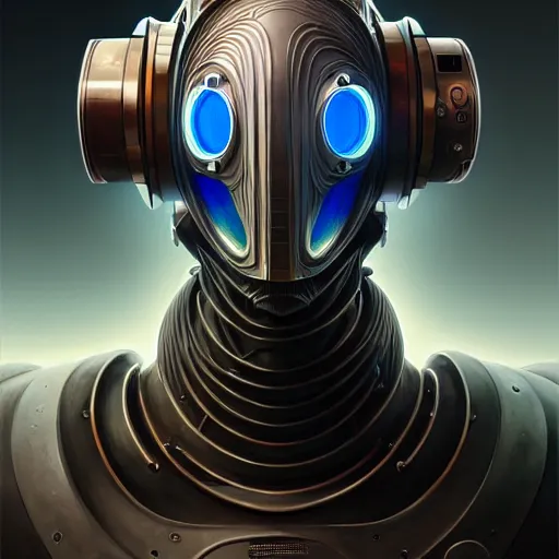 Image similar to low angle portrait shot of a cyberpunk gazmask robot character, intricate, elegant, highly detailed, centered, digital painting, artstation, concept art, smooth, sharp focus, illustration, artgerm, Tomasz Alen Kopera, Peter Mohrbacher, donato giancola, Joseph Christian Leyendecker, WLOP, Boris Vallejo