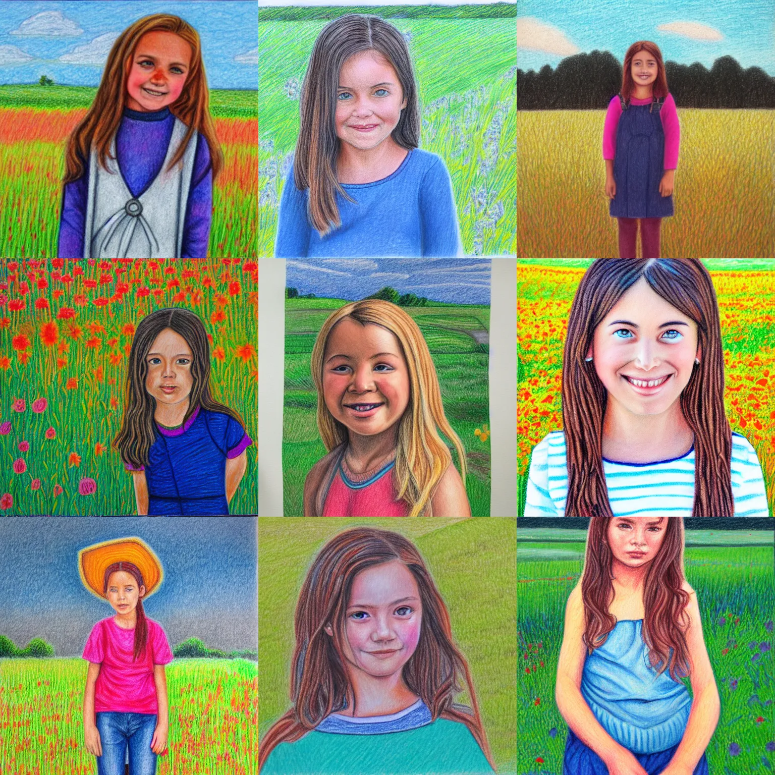 Prompt: portrait colored pencil drawing of vibrant girl standing in field looking at camera.