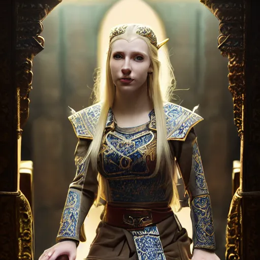 Prompt: the elder scrolls vi, charismatic regal blonde high elf female jarl, portrait, exquisitely designed throne room, atmospheric lighting, painted, intricate, volumetric lighting, beautiful, daytime, sunny weather, slight overcast, sharp focus, deep colours, ultra detailed, by leesha hannigan, ross tran, thierry doizon, kai carpenter, ignacio fernandez rios