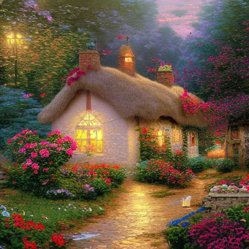 Prompt: folk art, old english cottage, flower garden, lowbrow, matte painting, 3 - d highly detailed, style of thomas kinkade, greg simkins