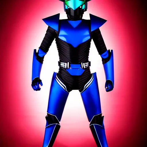 Image similar to Hard Science Fiction Kamen Rider, dark blue armor with red secondary color glowing eyes, daytime, grey rubber undersuit