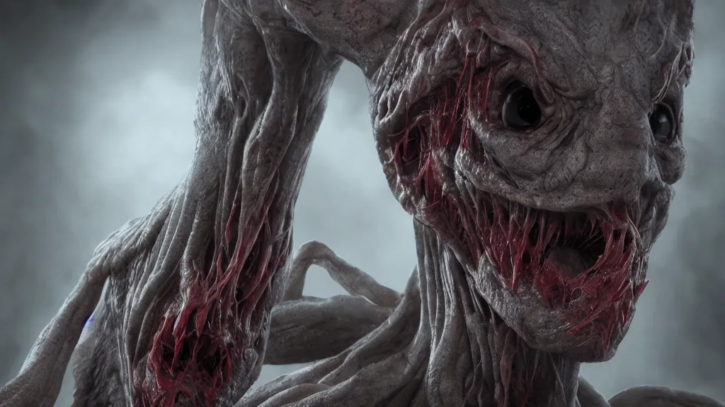 Image similar to eldritch 4D monster, full of veins and eyes, Hyper realistic, photorealistic, concept art, horror, eldritch, 8K, concept art, DSLR, filmic, HDR, hyperrealism, Unreal Engine, volumetric lighting, Darkart