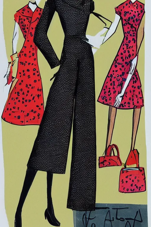 Image similar to a detailed high fashion illustration of a atomic style mid century outfit