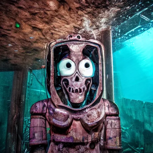 Image similar to abandoned theme park animatronic underwater, underwater photograph, dark, scary lighting, eerie, surreal, submechanophobia,