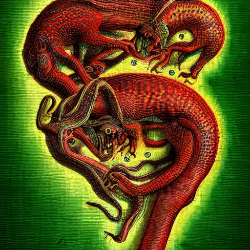 Prompt: half Basilisk half Cerberus drooling hungrily, style of Codex Seraphinianus, troubling, unsettling, pixel sorting style. Highly detailed, cinematic, dramatic