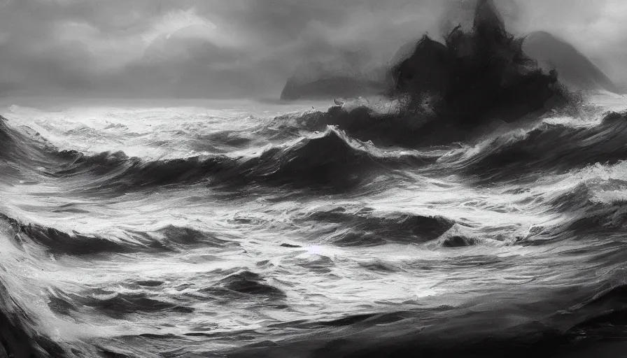 Prompt: sea, enviroment thumbnail black and white, cgsociety, oil painting by jama jurabaev, extremely detailed, brush hard, artstation, high quality, brush stroke