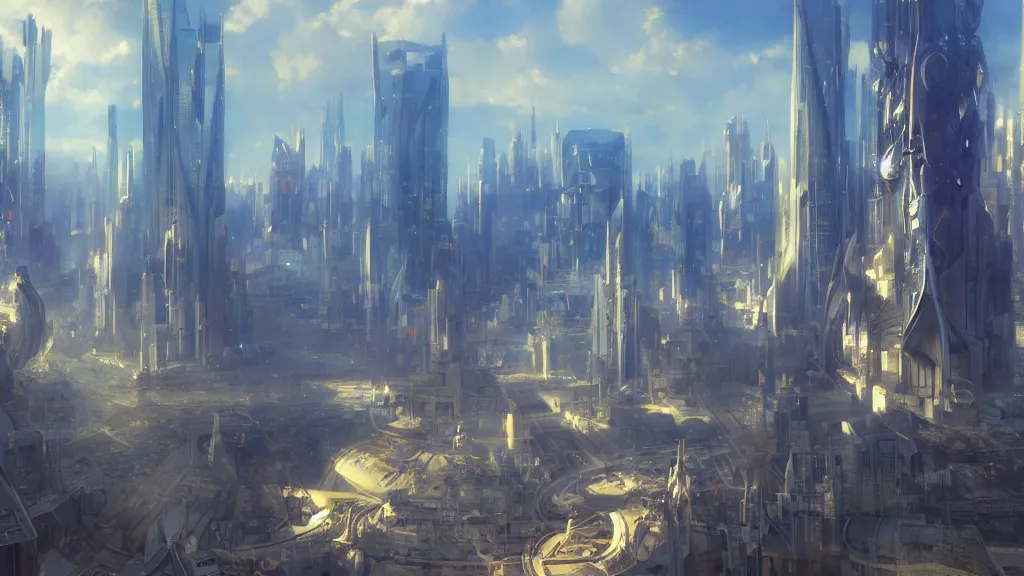 Image similar to future city with giant buildings shaped like keyboard keys, shiny, sunny sky, dramatic lighting, highly detailed, digital painting, ghibli animated film, anime, volumetric lighting, octane render artstation, concept art, smooth, sharp focus, illustration, by gaston bussiere, mucha, gerome, craig mullins, greg rutkowski, john singer sargent