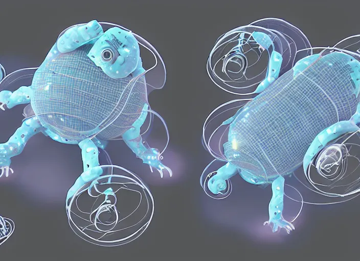 Image similar to tardigrade virtual pet, cute cgi render, made of simple spheres and cylinders, vintage computer graphics