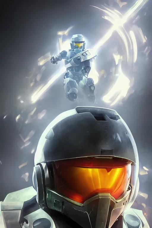 Image similar to robot ninja mask helmet halo master chief radiating a glowing aura global illumination ray tracing hdr fanart arstation by ian pesty and katarzyna da „ bek - chmiel