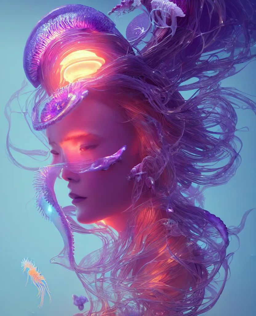 Image similar to goddess close-up portrait. orchid jellyfish phoenix head, nautilus, skull, betta fish, bioluminiscent creatures, intricate artwork by Tooth Wu and wlop and beeple. octane render, trending on artstation, greg rutkowski very coherent symmetrical artwork. cinematic, hyper realism, high detail, octane render, 8k