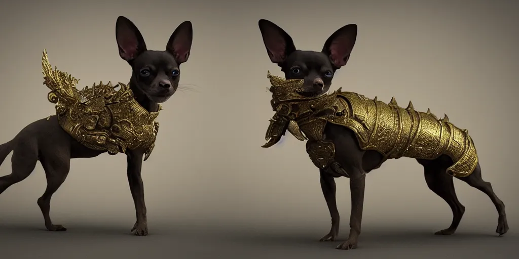 Image similar to humanoid Chihuahua pinscher mix in golden ornamented armor, ears, white particles, dark souls style, Fantasy Style, cinematic light, 35mm camera lens, with ZBrush, by Zdzislaw Beksinski