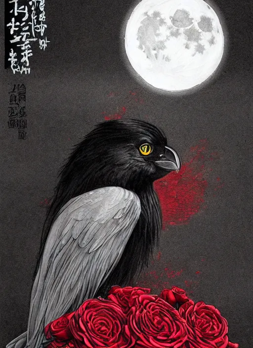 Image similar to portrait, A proud crow with red eyes in front of the full big moon, book cover, red roses at the top, red white black colors, establishing shot, extremly high detail, foto realistic, cinematic lighting, pen and ink, intricate line drawings, by Yoshitaka Amano, Ruan Jia, Kentaro Miura, Artgerm, post processed, concept art, artstation, matte painting, style by eddie mendoza, raphael lacoste, alex ross