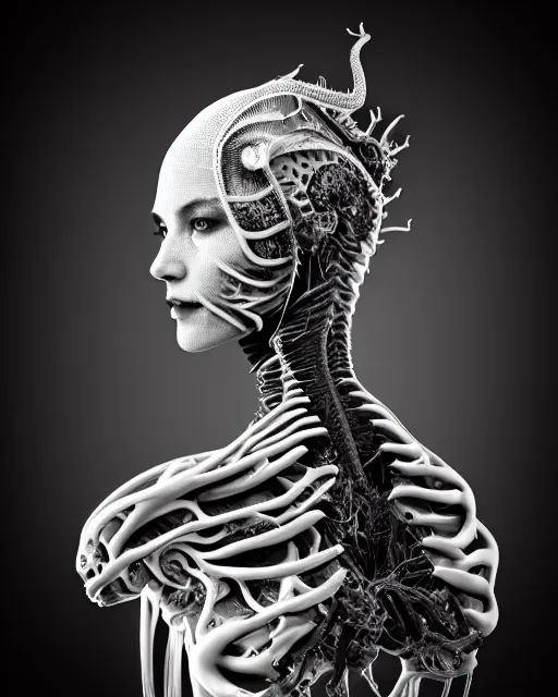 Image similar to a black and white high quality photo of a young beautiful female queen-dragon-cyborg bust with a very long neck and Mandelbrot fractal face, Mandelbrot fractal skin, flesh, anatomical, facial muscles, veins, arteries, elegant, highly detailed, flesh highly baroque ornate, hair are wired cables, elegant, high fashion, rim light, octane render, in the style of H.R. Giger, Louis Daguerre and Man Ray, Realistic, Refined, Digital Art, Highly Detailed, Cinematic Lighting, rim light, black and white, photo-realistic, 8K