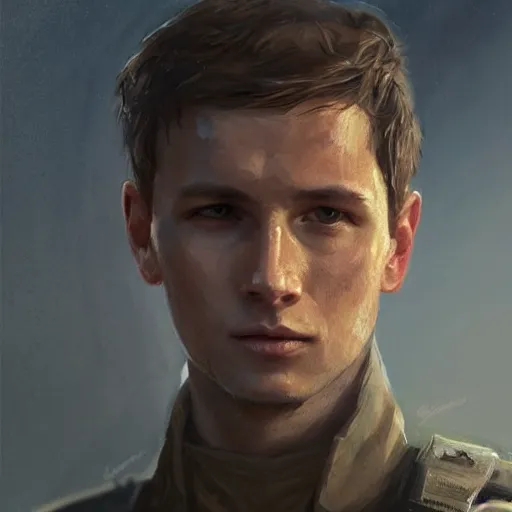 Prompt: portrait of a man by greg rutkowski, young, british features, short brown hair, wearing military fatigues of the galactic republic, star wars expanded universe, he is about 2 0 years old, highly detailed portrait, digital painting, artstation, concept art, smooth, sharp foccus ilustration, artstation hq