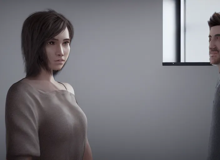 Image similar to a portrait of a woman standing infront of a window, a man is standing behind her with a look of suprise in his face, 8 k, photorealistic, unreal engine,