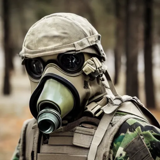 Image similar to a Fox dressed in a modern American military soldier uniform with gas mask, 85mm f/1.4