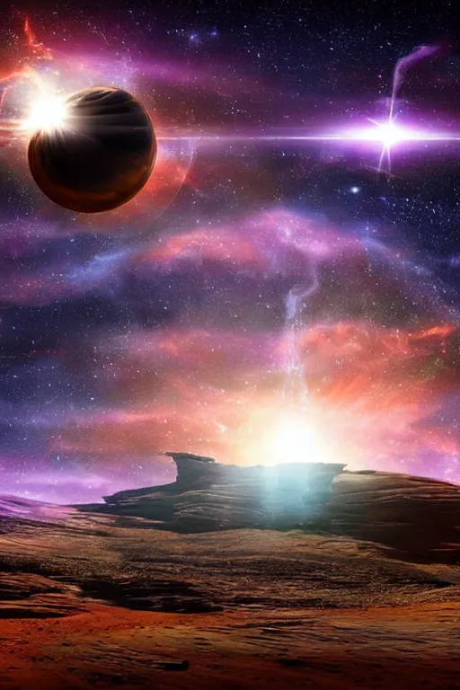 Prompt: futuristic sci - fi rocky desert landscape cosmic sky