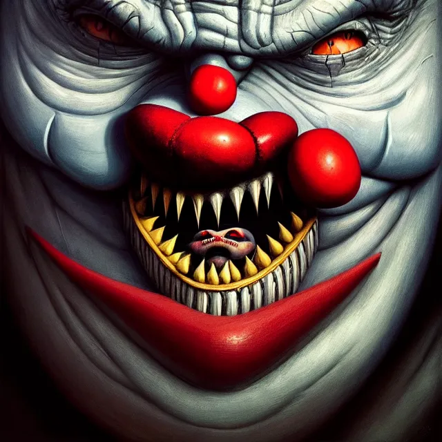 Image similar to gediminas pranckevicius | close up portrait of a evil clown with sharp teeth in the sinister valley of despair, one mouth, one nose, two eyes, oil painting by tomasz jedruszek, cinematic lighting, pen and ink, intricate line, hd, 4 k, million of likes, trending on artstation