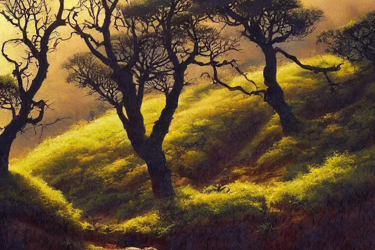 Image similar to masterpiece painting of oak trees on a hillside overlooking a creek, dramatic lighting, by kazuo oga