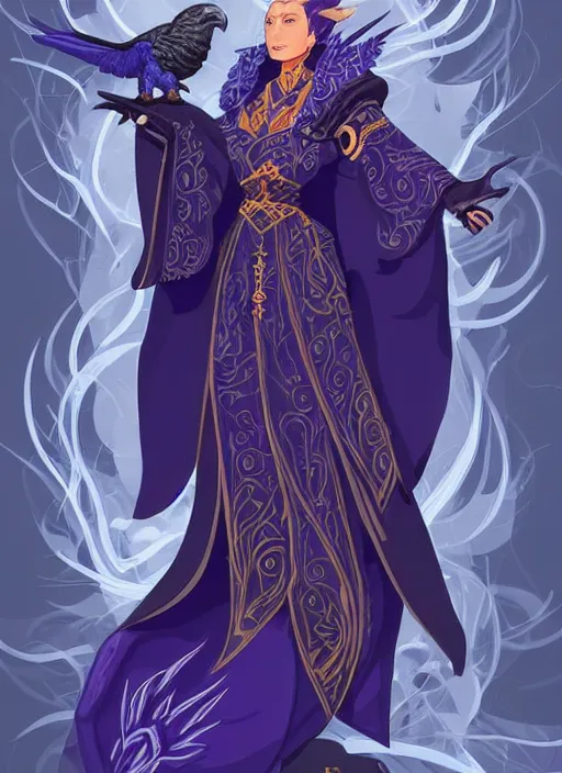 Image similar to hawk and raven headed warlock, wind magic, blue robes, exquisite details, full body character design on a white background, by studio muti