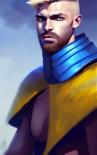 Prompt: a rugged young knight with blonde hair and blue eyes and a short beard and a scar under his left eye wearing a blue shirt steel pauldrons and a yellow cape and leather boots by Greg_Rutkowski, realistic, detailed, masterpiece, ArtStation